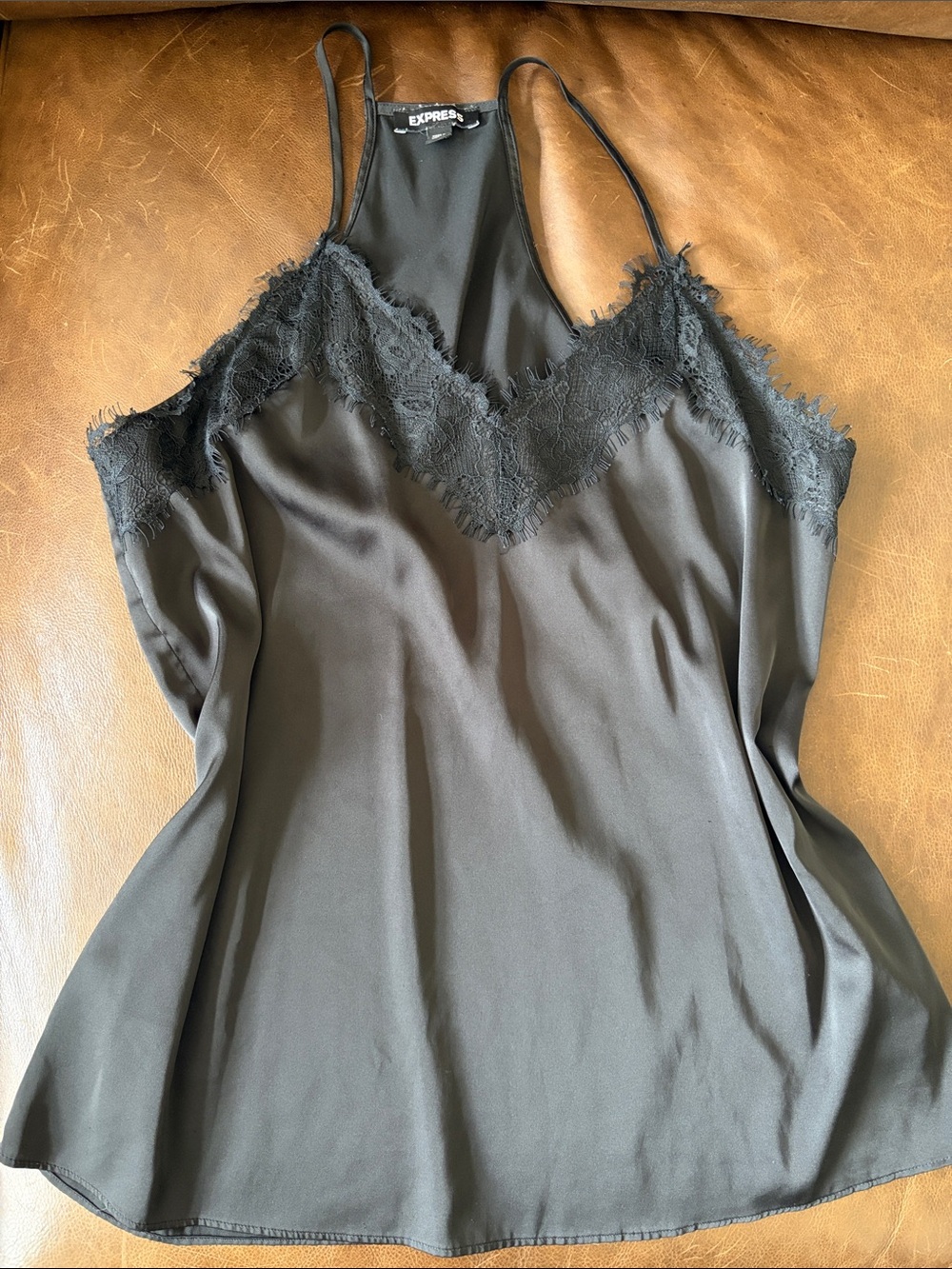 Express Barcelona Black Satin Lace-Trim Slip Cami